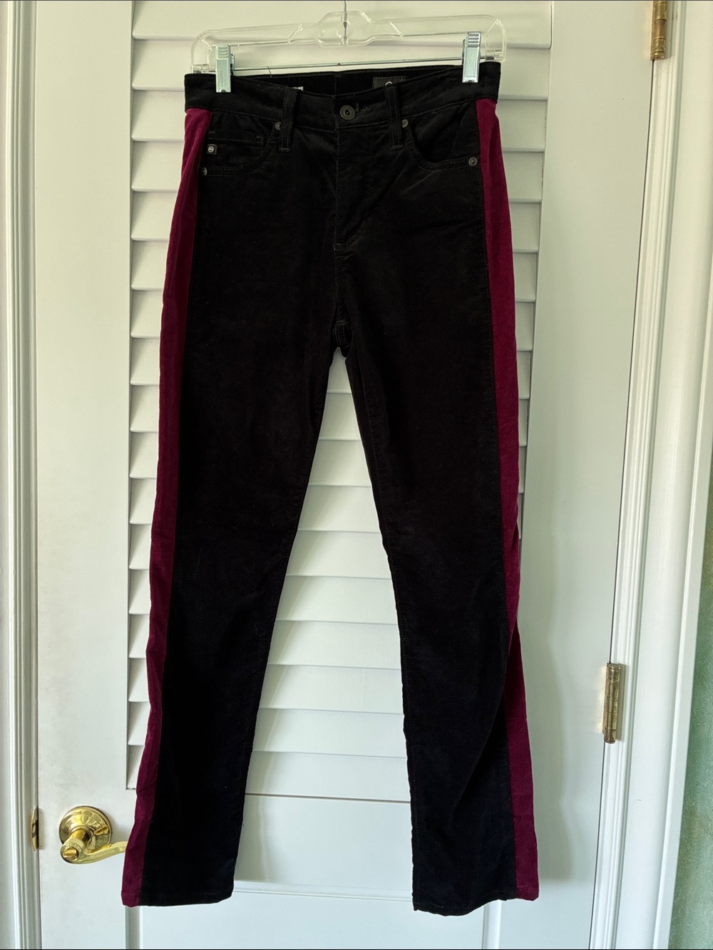 Ag Adriano Goldschmied! HOLIDAY! Black VELVET w/Burgundy Tuxedo Stripe Size 27R